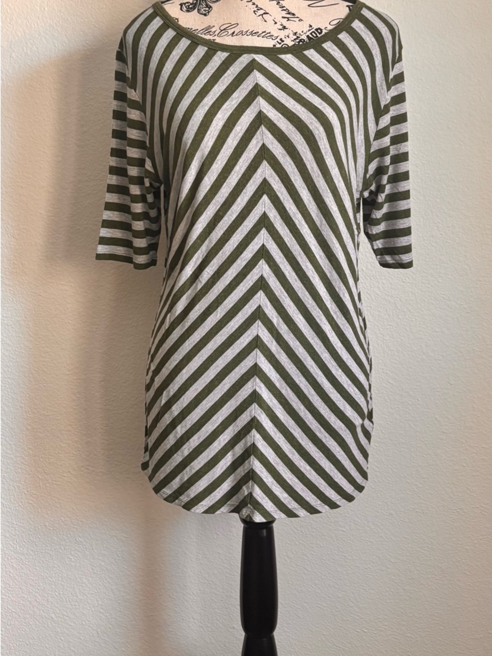 LuLaRoe Olive Green and White Striped Short Sleeve Tee